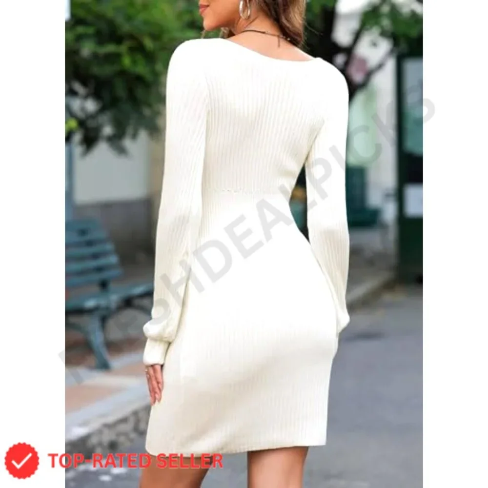 Ribbed Knit Sweater Dress Long Sleeve V Neck Bodycon Mini Dress - Picture 5 of 7